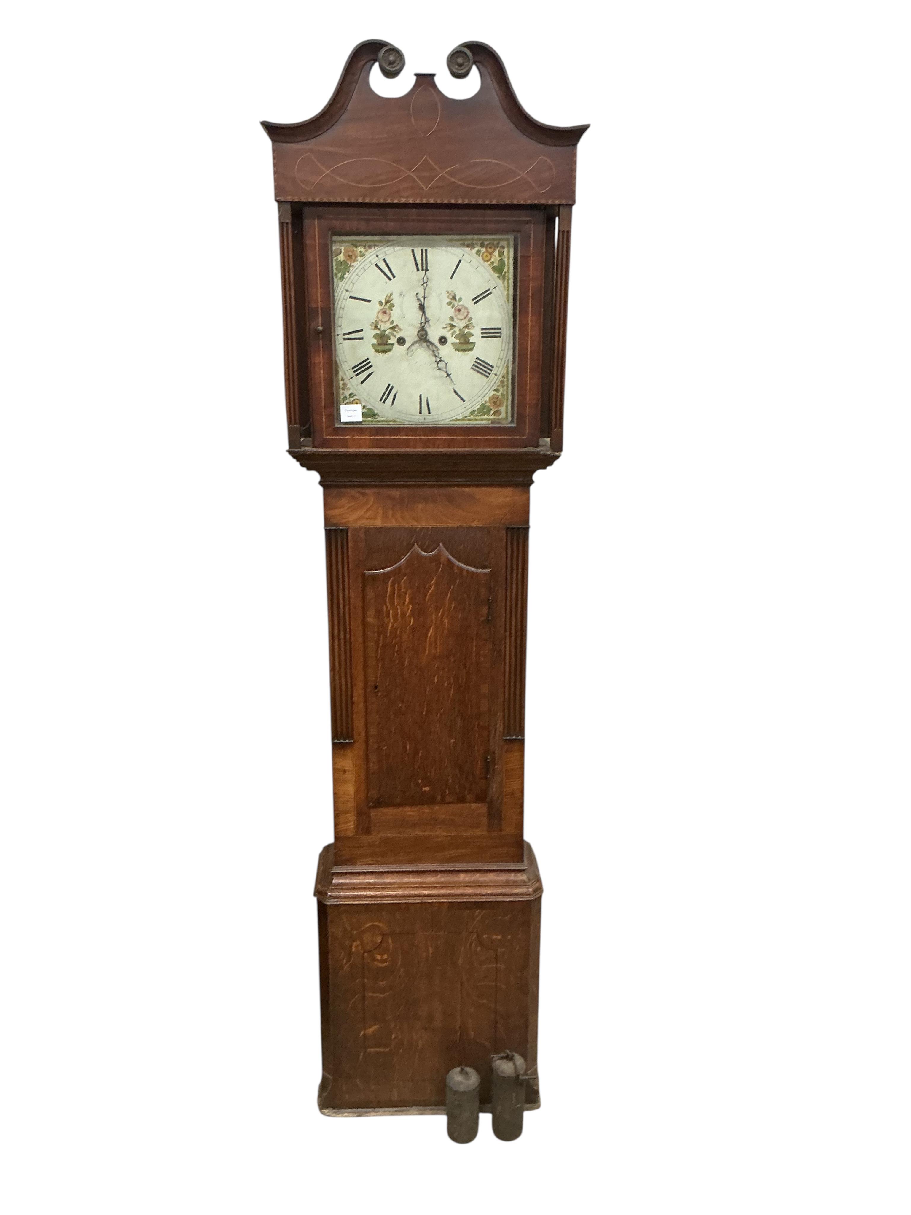 An early 19th century oak and mahogany North Country eight day longcase clock, height 206cm